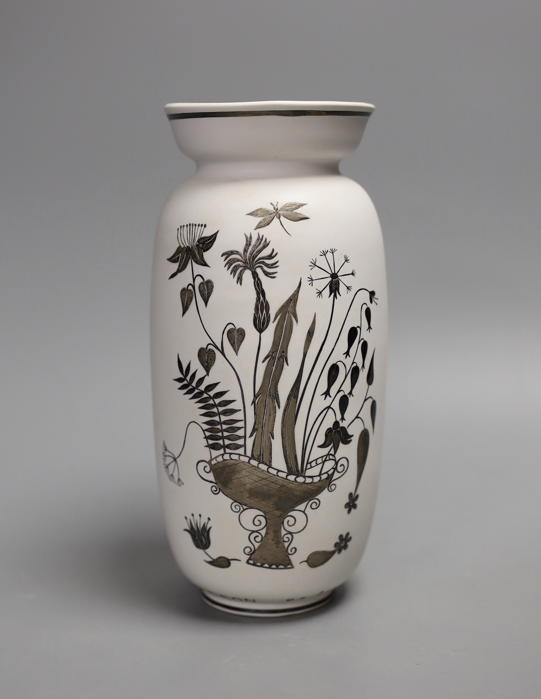 A Gustavsberg Stig Lindberg 215 shape Grazia vase decorated with flowers and inscribed 'Ingrid Axelsson 25 AR I Konsum', 20cm tall